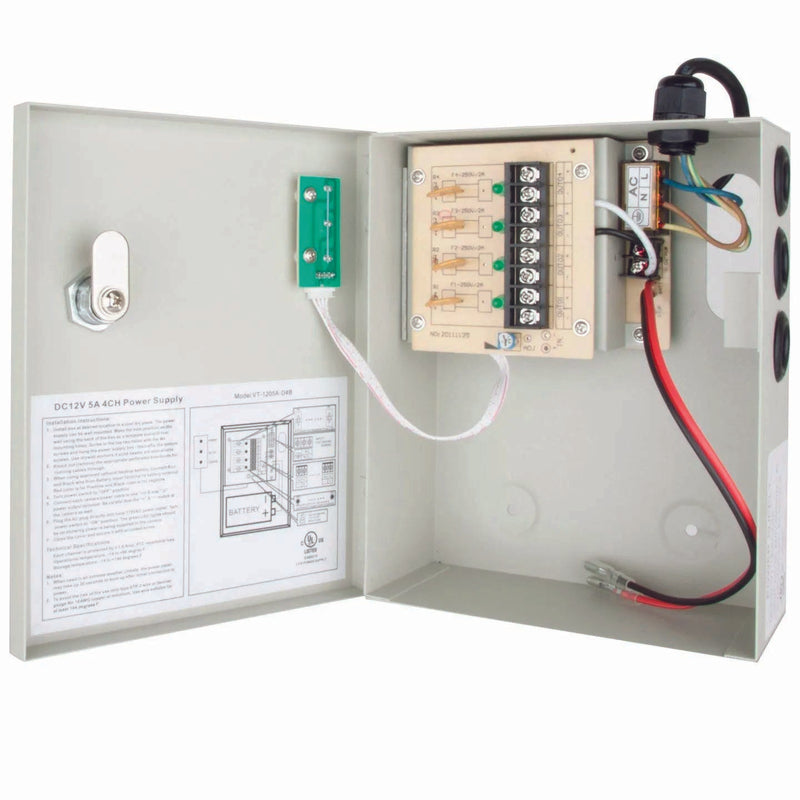 Vitek VT-1205A-D4B 4 Output 12VDC Power Center w/Optional Backup Battery – 5 AMP – UL Listed