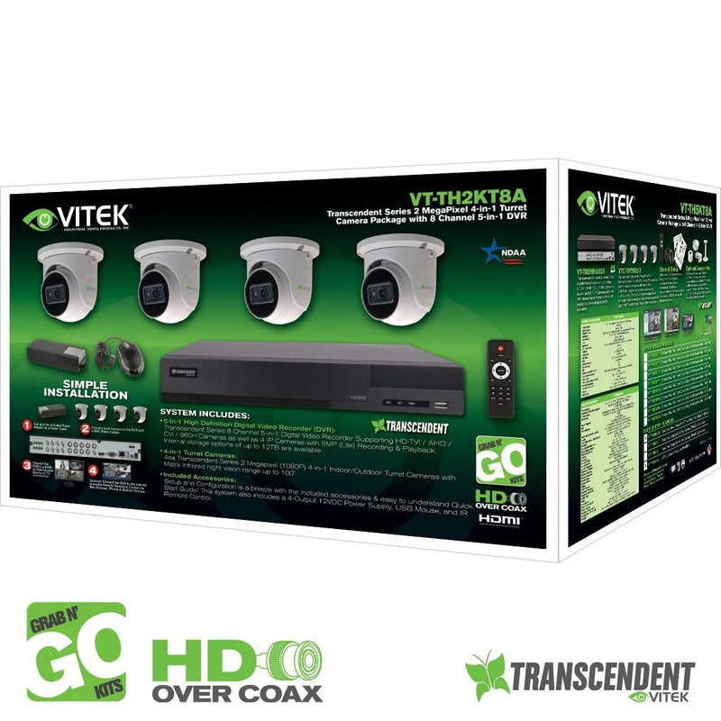 Vitek VT-TH5KT824TA-2 Transcendent 5.0 MegaPixel Grab-n-Go HD-over-Coax Turret Camera Package with 8 Channel DVR