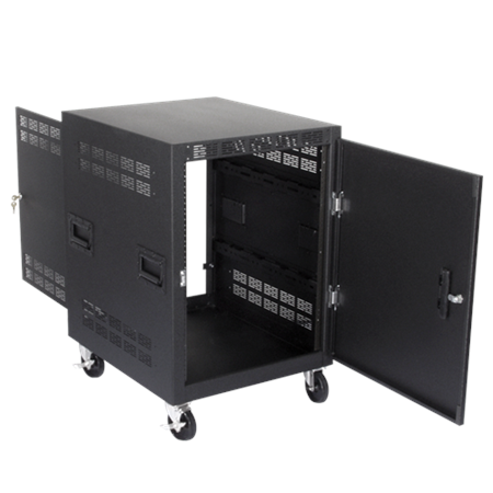 Atlas Sound RX14-25SFD 25 ½" Deep, 14RU Mobile Equipment Rack includes: Casters, Side Handles, and solid doors.