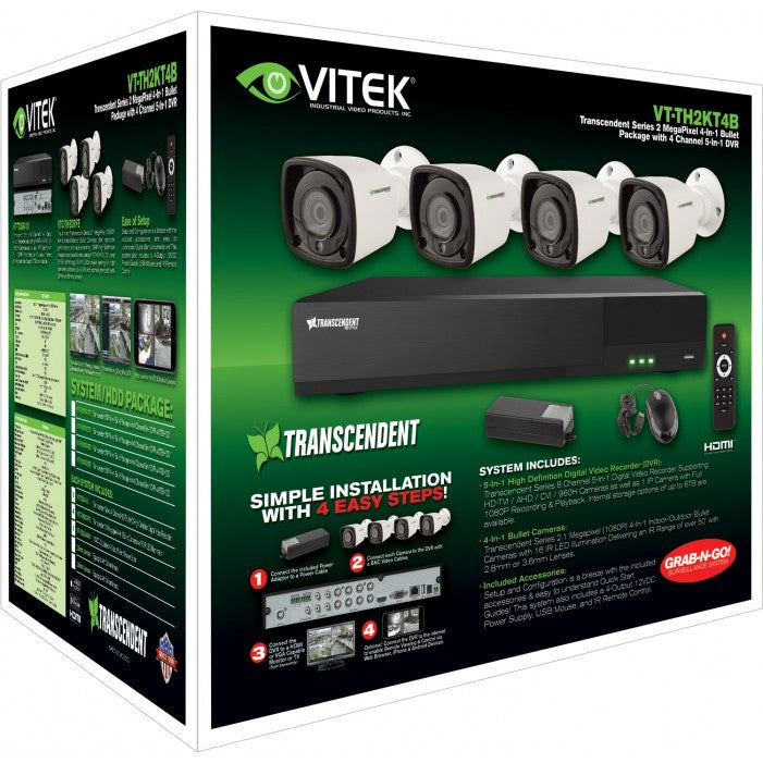 Vitek VT-TH2KT41TB-2 4 Channel 1080P 4-IN-1 (TVI/AHD/CVI/CVBS) DVR, 1TB 5-IN-1 with 4 X 2 MegaPixel Bullet Cameras, 2.8mm