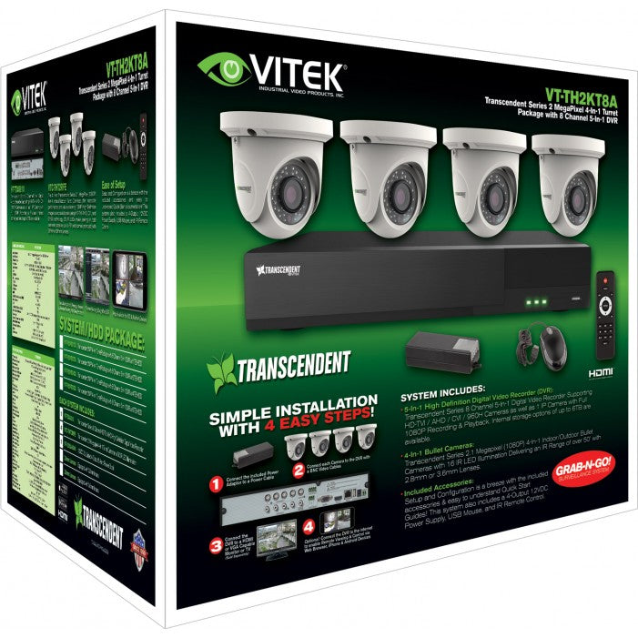 Vitek VT-TH2KT82TA-2 8 Channel 1080P 4-IN-1 (TVI/AHD/CVI/CVBS) DVR, 2TB with 4 X 2 Megapixel Turret/Ball Cameras, 2.8mm