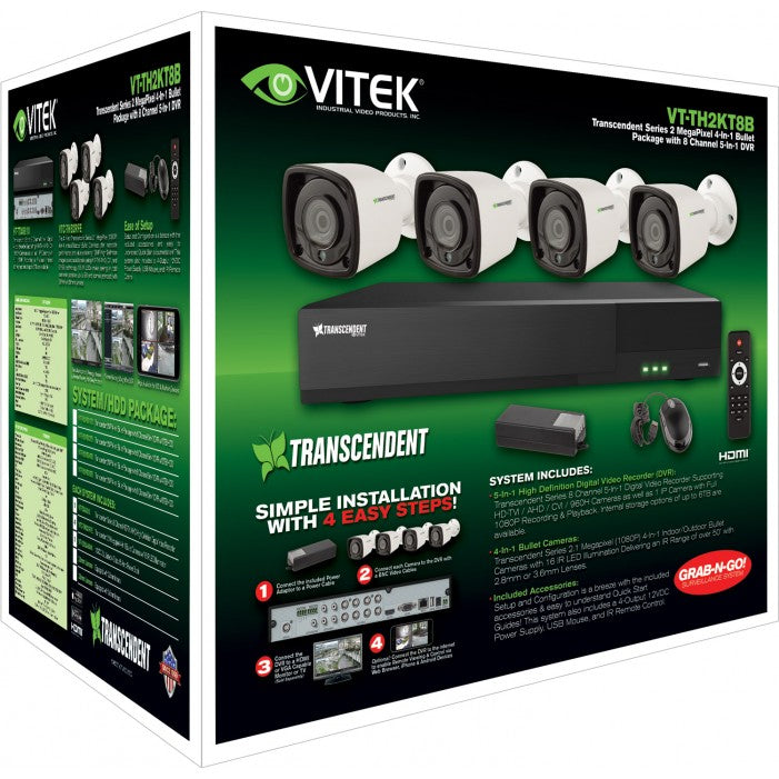 Vitek VT-TH2KT82TB-2 8 Channel 1080P 4-IN-1 (TVI/AHD/CVI/CVBS) DVR, 2TB with 4 X 2 Megapixel Bullet Cameras, 2.8mm Lens