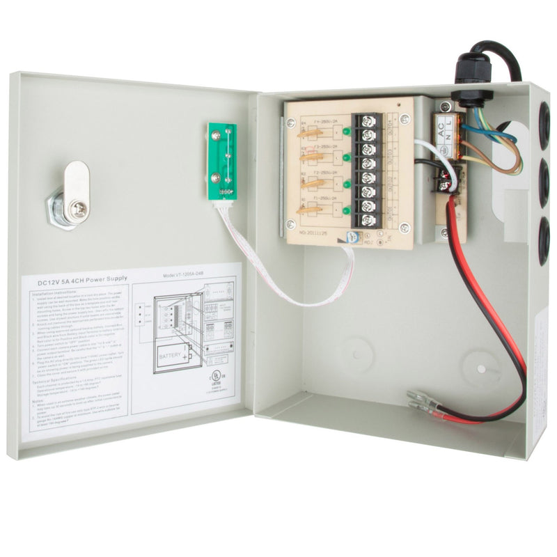 Vitek VT-1205A-D4B 4 Output 12VDC Power Center w/Optional Backup Battery – 5 AMP – UL Listed