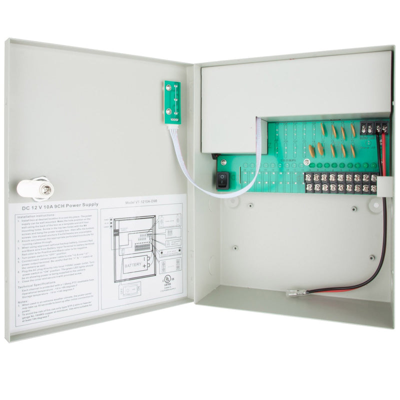 Vitek VT-1210A-D9B 9 Output 12VDC Power Center w/Optional Backup Battery – 10 AMP – UL Listed